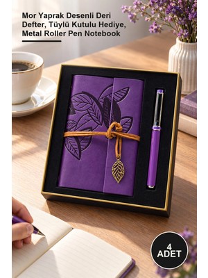 Yenilig 4 Adet Deri Defter ve Metal Roller Kalem Seti – Mor Yaprak Desenli Deri Defter, Tüylü Kutulu Hediye, Metal Roller Pen Notebook