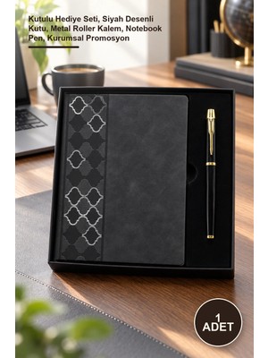 Yenilig 1 Adet Deri Desenli Defter Kalem Seti – Kutulu Hediye Seti, Siyah Desenli Kutu, Metal Roller Kalem, Notebook Pen, Kurumsal Promosyon