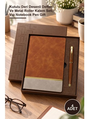 Yenilig 4 Adet Öğretmenler Günü Hediyesi – Kutulu Deri Desenli Defter ve Metal Roller Kalem Seti, Vıp Notebook Pen Gift