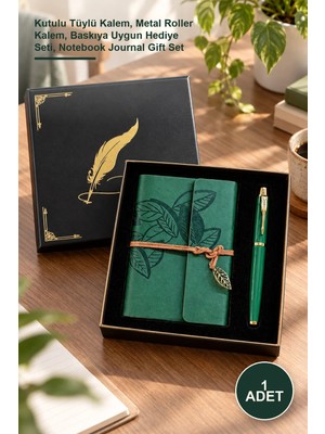 Yenilig 1 Adet Yeşil Yaprak Desenli Deri Defter Kalem Seti – Kutulu Tüylü Kalem, Metal Roller Kalem, Baskıya Uygun Hediye Seti, Notebook Journal Gift Set