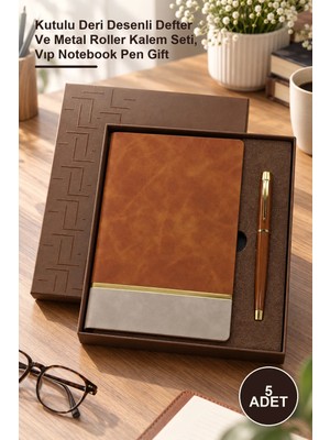 Yenilig 5 Adet Öğretmenler Günü Hediyesi – Kutulu Deri Desenli Defter ve Metal Roller Kalem Seti, Vıp Notebook Pen Gift