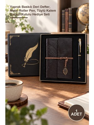 Yenilig 1 Adet Vip Kutulu Deri Yaprak Desenli Defter ve Metal Roller Kalem Seti – Yaprak Baskılı Deri Defter, Metal Roller Pen, Tüylü Kalem Baskılı Kutulu Hediye Seti