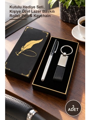 Yenilig 3 Adet Silver Kalem ve Metal Anahtarlık Seti – Kutulu Hediye Seti, Kişiye Özel Lazer Baskılı Roller Pen & Keychain