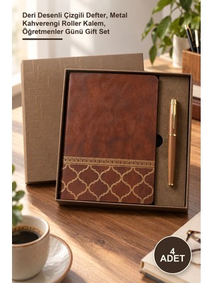 Yenilig 4 Adet Kutulu Lüks Defter Kalem Hediye Seti – Deri Desenli Çizgili Defter, Metal Kahverengi Roller Kalem, Öğretmenler Günü Gift Set