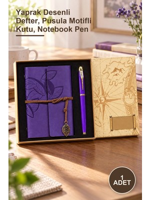 Yenilig 1 Adet Deri Defter ve Mor Metal Roller Kalem Hediye Seti – Yaprak Desenli Defter, Pusula Motifli Kutu, Notebook Pen