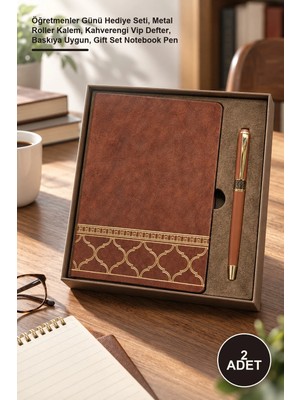 Yenilig 2 Adet Kutulu Deri Desenli Defter Kalem Seti – Öğretmenler Günü Hediye Seti, Metal Roller Kalem, Kahverengi Vip Defter, Baskıya Uygun, Gift Set Notebook Pen