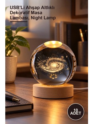 Yenilig 10 Adet Toz Bulutu Tasarımlı Cam Küre Gece Lambası – Usb'li Ahşap Altlıklı Dekoratif Masa Lambası, Night Lamp
