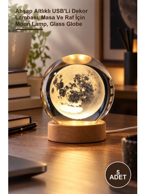 Yenilig 5 Adet Dolunay Cam Küre – Ahşap Altlıklı Usb'li Dekor Lambası, Masa ve Raf Için Moon Lamp, Glass Globe