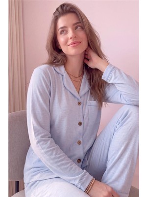 Pijama Evi Bebe Mavisi Salonic Önden Düğmeli Uzun Kollu Örme Kadın Pijama Takımı