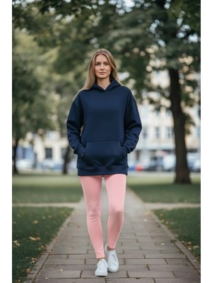 Modus Contemporary İndigo Mavi Unisex Oversize Kapüşonlu Kanguru Cepli 3 İplik Şardonlu Sweatshirt