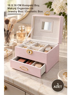 Yenilig 3 Adet Deri Kaplamalı Makyaj ve Takı Kutusu – 16 x 16 cm Kompakt Boy, Makyaj Organizer ve Jewelry Box / Cosmetic Box