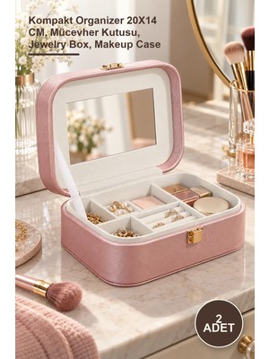Yenilig 2 Adet Deri Kaplamalı Makyaj ve Takı Kutusu – Kompakt Organizer 20X14 Cm, Mücevher Kutusu, Jewelry Box, Makeup Case