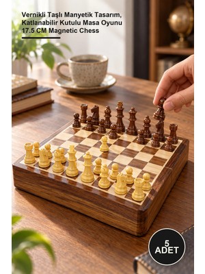 Yenilig 5 Adet Ahşap Satranç Takımı – Vernikli Taşlı Manyetik Tasarım, Katlanabilir Kutulu Masa Oyunu 17.5 cm Magnetic Chess