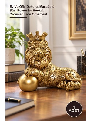 Yenilig 1 Adet Polyester Dekoratif Taçlı Aslan Figürü – Ev ve Ofis Dekoru, Masaüstü Süs, Polyester Heykel, Crowned Lion Ornament