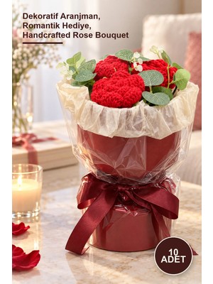 Yenilig 10 Adet El Örgüsü Romantik Gül Buketi – Dekoratif Aranjman, Romantik Hediye, Handcrafted Rose Bouquet