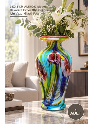 Yenilig 1 Adet Murano Cam Vazo – 38X18 cm ALK5203 Model, Dekoratif Ev ve Ofis Dekorasyonu Için Vazo, Glass Vase
