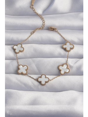 Aydogan's Ayd 316L Çelik Gold Renk Beyaz Sedefli Yonca Bileklik TJ-BB6262