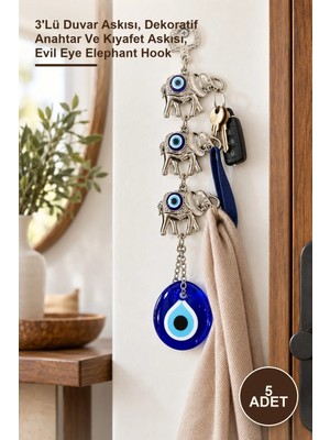 Yenilig 5 Adet Nazar Boncuğu Fil Askılık – 3'lü Duvar Askısı, Dekoratif Anahtar ve Kıyafet Askısı, Evil Eye Elephant Hook