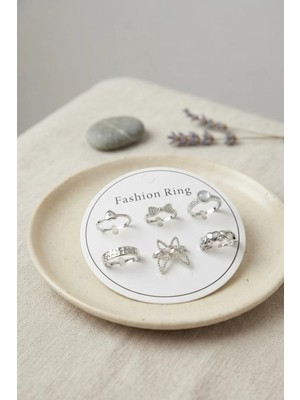Aydogan's Ayd Gümüş Renk Pirinç Kelebek Detaylı 6'lı Yüzük Seti BYK4308 TJ-BYK4308