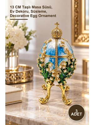 Yenilig 3 Adet Taşlı Yumurta Dekoratif Obje – 13 cm Taşlı Masa Süsü, Ev Dekoru, Süsleme, Decorative Egg Ornament