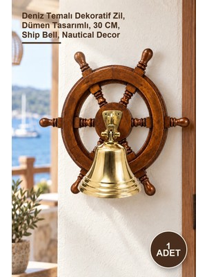 Yenilig 1 Adet Ahşap Dümenli Pirinç Çan – Deniz Temalı Dekoratif Zil, Dümen Tasarımlı, 30 Cm, Ship Bell, Nautical Decor