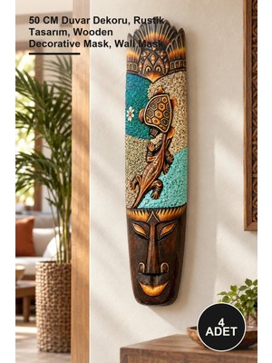Yenilig 4 Adet Ahşap Dekoratif Kumlu Maske – 50 cm Duvar Dekoru, Rustik Tasarım, Wooden Decorative Mask, Wall Mask