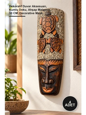Yenilig 4 Adet Ahşap Dekoratif Kumlu Maske – Dekoratif Duvar Aksesuarı, Kumlu Doku, Ahşap Malzeme, 30 Cm, Decorative Mask