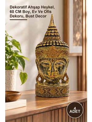 Yenilig 4 Adet Ahşap Buda Büstü – Dekoratif Ahşap Heykel, 60 cm Boy, Ev ve Ofis Dekoru, Bust Decor