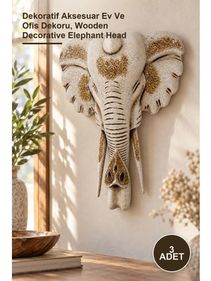Yenilig 3 Adet Ahşap Dekoratif Fil Kafası – Dekoratif Aksesuar Ev ve Ofis Dekoru, Wooden Decorative Elephant Head