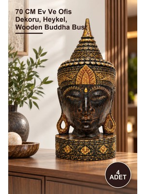 Yenilig 4 Adet Ahşap Dekoratif Buda Büstü – 70 cm Ev ve Ofis Dekoru, Heykel, Wooden Buddha Bust