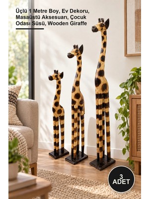 Yenilig 3 Adet Dekoratif Ahşap Zürafa Seti – Üçlü 1 Metre Boy, Ev Dekoru, Masaüstü Aksesuarı, Çocuk Odası Süsü, Wooden Giraffe