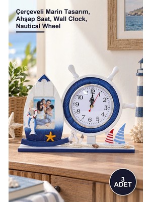 Yenilig 3 Adet Ahşap Dümenli Duvar Saati – Çerçeveli Marin Tasarım, Ahşap Saat, Wall Clock, Nautical Wheel