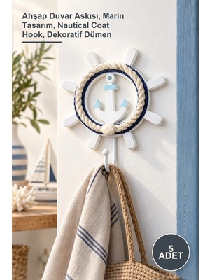 Yenilig 5 Adet Ahşap Marin Dümenli Askılık – Ahşap Duvar Askısı, Marin Tasarım, Nautical Coat Hook, Dekoratif Dümen