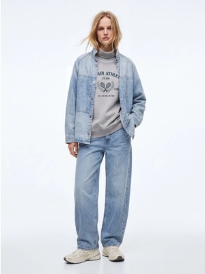 LTB Relaxed Fit Yazı Baskılı Boğazlı Yaka Gri Sweatshırt