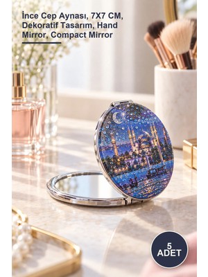 Yenilig 5 Adet Taşlı Istanbul Tasarımı El Aynası – Ince Cep Aynası, 7x7 Cm, Dekoratif Tasarım, Hand Mirror, Compact Mirror