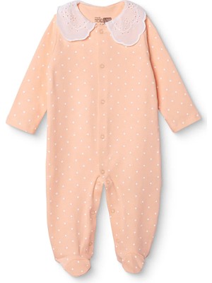 Hellobaby Kız Bebek Tulum Puantiye Baskılı Çıtçıtlı Dantel Yaka Uzun Kol Patikli