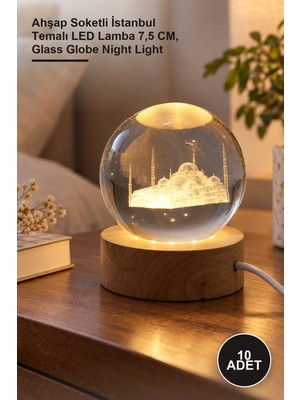 Yenilig 10 Adet 3D Kristal Cam Küre – Ahşap Soketli Istanbul Temalı LED Lamba 7,5 Cm, Glass Globe Night Light