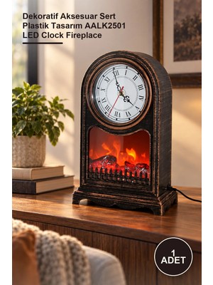 Yenilig 1 Adet LED Işıklı Saatli Şömine – Dekoratif Aksesuar Sert Plastik Tasarım AALK2501 LED Clock Fireplace