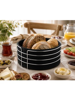 Kitchen Line Gümüş Detaylı Galvaniz Metal Bezli Yuvarlak Ekmek Sepeti 22X11 cm – Yıkanabilir Kumaşlı Modern Şık S