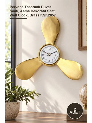 Yenilig 2 Adet Pirinç Duvara Asmalı Saat – Pervane Tasarımlı Duvar Saati, Asma Dekoratif Saat, Wall Clock, Brass KSK2057