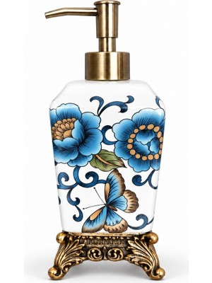 Zürih Collection Dekoratif Seramik Sıvı Sabunluk Mavi Kelebek Desenli Gold Ayaklı Pompalı Banyo Mutfak Sabunluğu - Fransız Rokoko Altın Motif 470ML