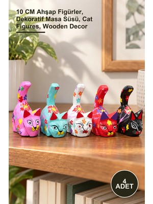 Yenilig 4 Adet Ahşap Kedi Figürleri Seti – 10 cm Ahşap Figürler, Dekoratif Masa Süsü, Cat Figures, Wooden Decor