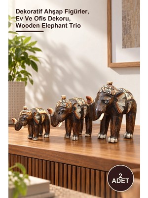 Yenilig 2 Adet Ahşap 3'lü Fil Seti – Dekoratif Ahşap Figürler, Ev ve Ofis Dekoru, Wooden Elephant Trio