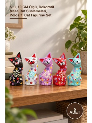 Yenilig 5 Adet Ahşap Kedi Figür Seti – 5'li, 10 cm Ölçü, Dekoratif Masa Raf Süslemeleri, Polos 7, Cat Figurine Set