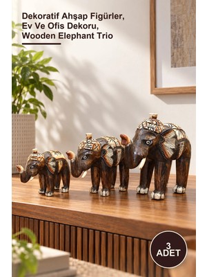 Yenilig 3 Adet Ahşap 3'lü Fil Seti – Dekoratif Ahşap Figürler, Ev ve Ofis Dekoru, Wooden Elephant Trio