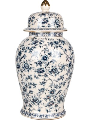 Herdekora Seramik Vazo Çiçek Desenli Kapaklı Mavi-Krem 21X45 Cm.