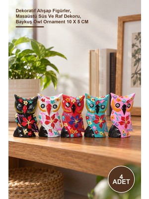 Yenilig 4 Adet Ahşap Baykuş Seti – Dekoratif Ahşap Figürler, Masaüstü Süs ve Raf Dekoru, Baykuş Owl Ornament 10 x 5 cm