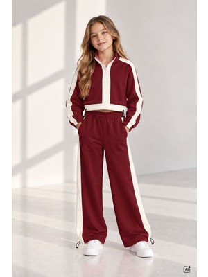 Cansın Mini Bordo Kız Çocuk Fermuar Yaka Crop Sweatshirt Şeritli Geniş Paça Eşofman Takımı 24945