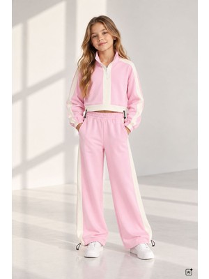 Cansın Mini Pembe Kız Çocuk Fermuar Yaka Crop Sweatshirt Şeritli Geniş Paça Eşofman Takımı 24942