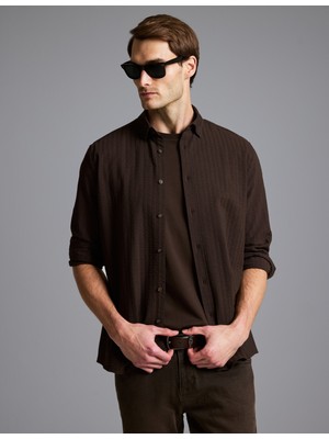 Pierre Cardin Koyu Kahverengi Regular Fit Çizgili Uzun Kollu Gömlek 50331443 VR084